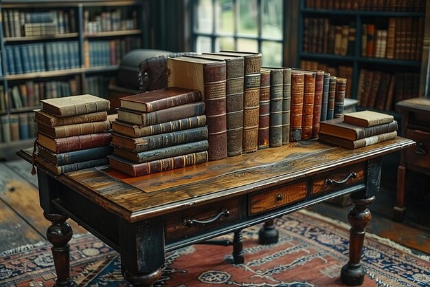 Foto vintage geïnspireerde studeerkamer met leren boeken en een klassiek schrijftafel