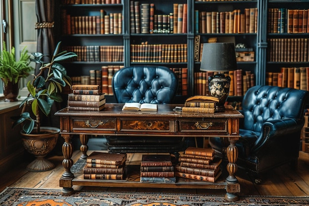 Foto vintage-geïnspireerde studeerkamer met leren boeken en een klassiek schrijftafel
