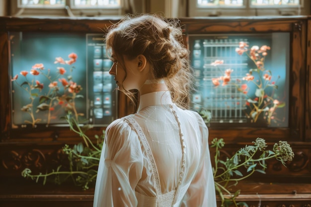 Vintage gestileerde vrouw die tropische vissen beschouwt in een antiek aquarium bij een raam