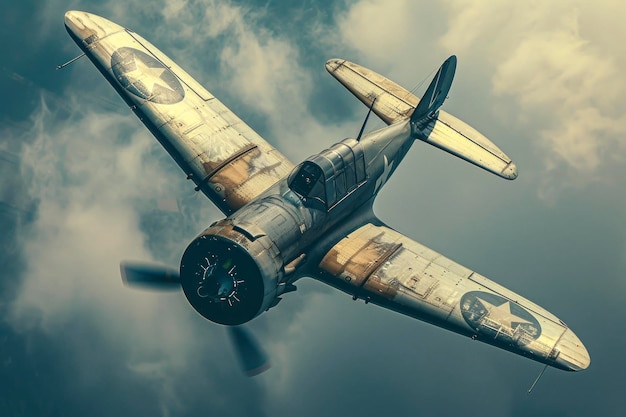 Foto vintage gevechtsvliegtuig uit de tweede wereldoorlog vliegt door de lucht