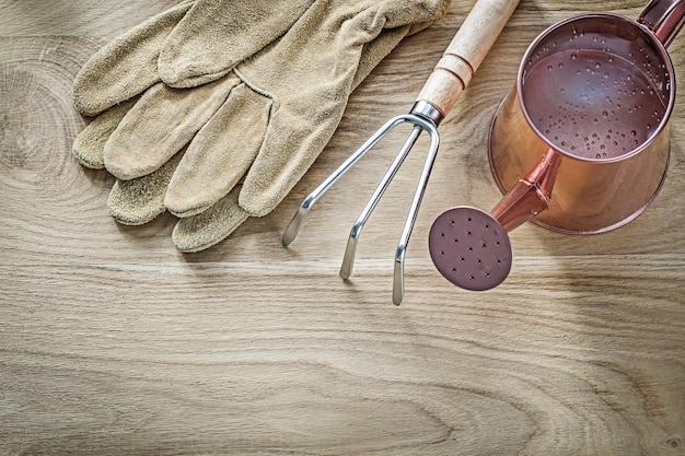 Vintage gieter metalen hark tuinhandschoenen op houten plank landbouw concept