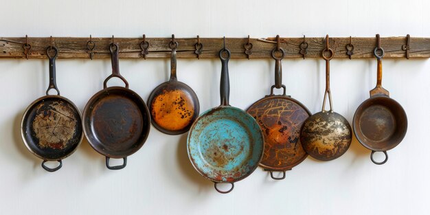 Vintage gietijzeren pannen aan de muur van een rustieke keuken