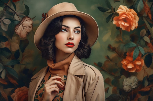 Photo vintage girl portrait retro glamorous woman on floral blossom background generate ai