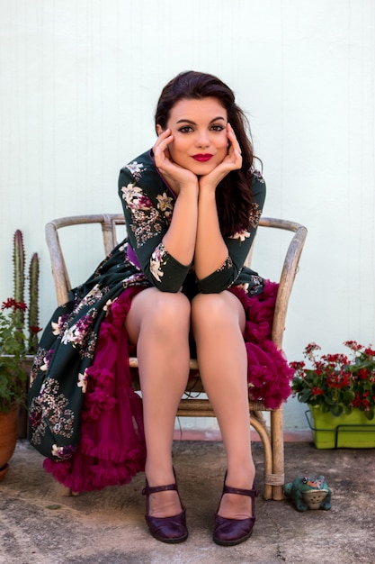 Vintage girl with floral dress