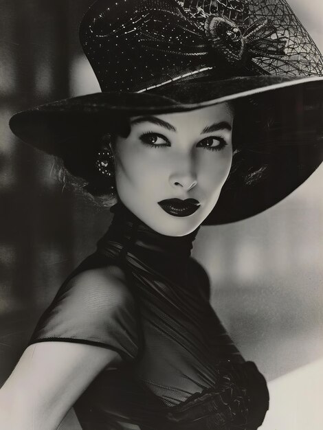 Vintage Glamour Portrait of Woman with Elegant Hat