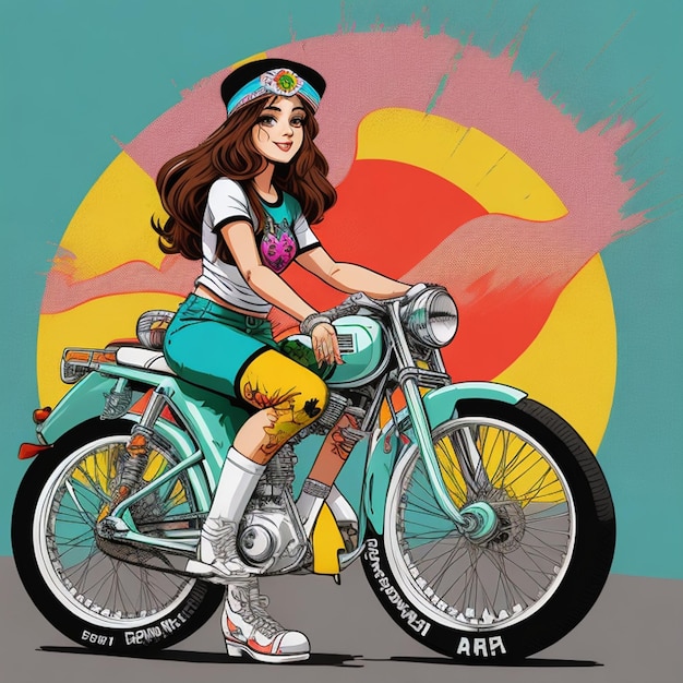 Vintage Goa Vibes Retro Royal Enfield Bike met hippie meisje Graffiti Art Tshirt Design met cyclus