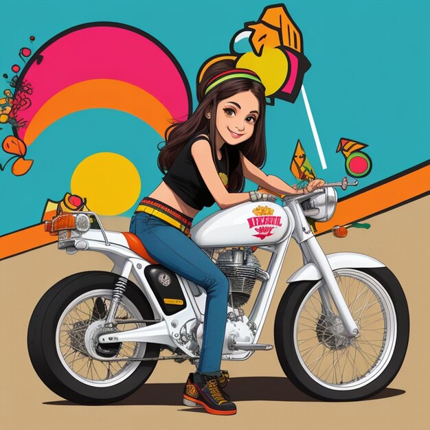 Vintage Goa Vibes Retro Royal Enfield Bike with Hippy Girl Graffiti Art Tshirt Design with cycle