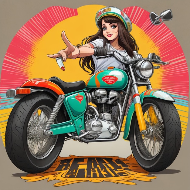 Vintage Goa Vibes Retro Royal Enfield Bike with Hippy Girl Graffiti Art Tshirt Design with cycle