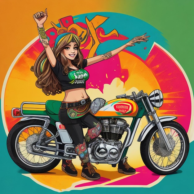 Vintage Goa Vibes Retro Royal Enfield Bike with Hippy Girl Graffiti Art Tshirt Design with cycle