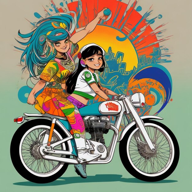 Vintage Goa Vibes Retro Royal Enfield Bike with Hippy Girl Graffiti Art Tshirt Design with cycle