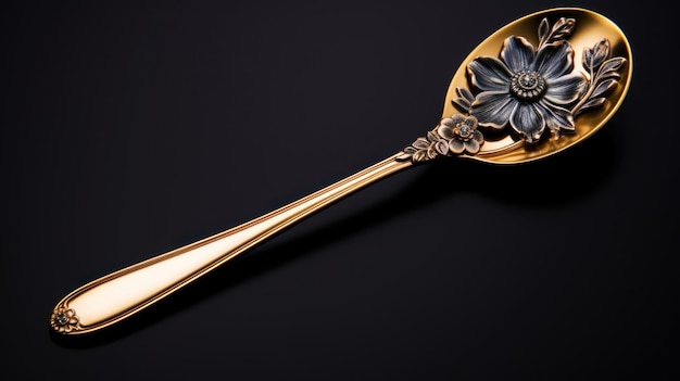 Vintage gold spoon with engraved floral pattern on a dark background View from above Generative AI