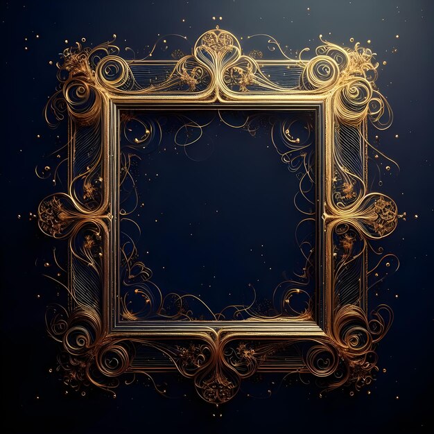 Vintage golden frame with ornament on blue background 3d rendering