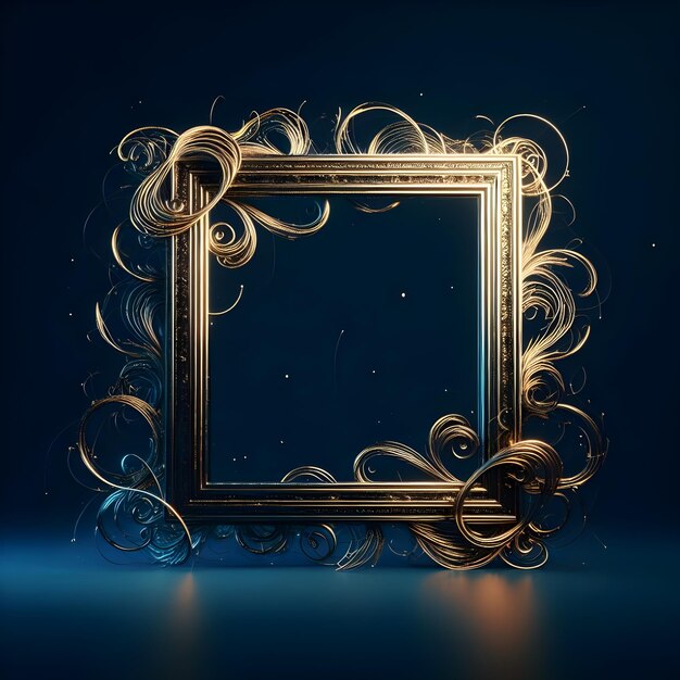 Vintage golden frame with ornament on blue background 3d rendering