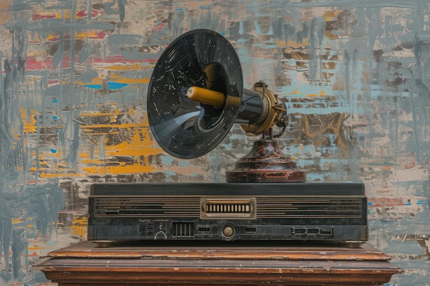 Vintage grammofoon collage op grijze achtergrond