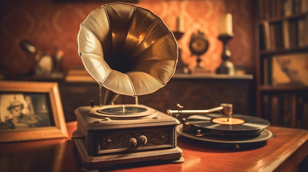 A vintage gramophone sits on a table in a room with a red wall behind it.