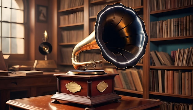 a vintage gramophone with a brass horn surrounded by shelves of vinyl records