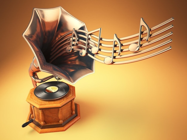 Vintage gramophone with gold musical notes Retro background