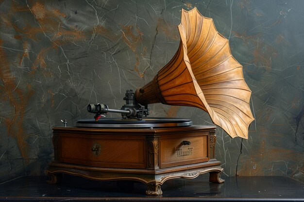 Vintage Gramophone with Golden Horn on Wooden Table Against Textured Dark Background in Retro Style