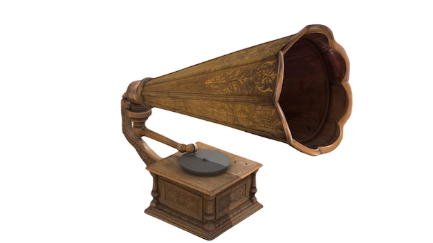 A vintage gramophone with a wooden box.