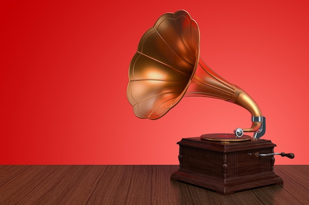 Vintage gramophone on wooden background 3D rendering