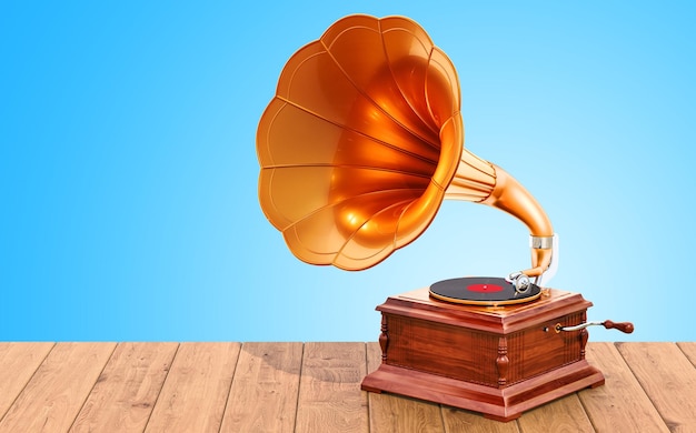 vintage gramophone on the wooden table 3d rendering