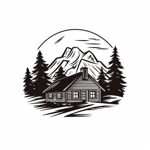 Vintage Graphic Design Black And White Cabin Silhouette