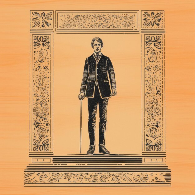 Vintage Graphic Design Man With Wooden Frame In Classical Revival Style
