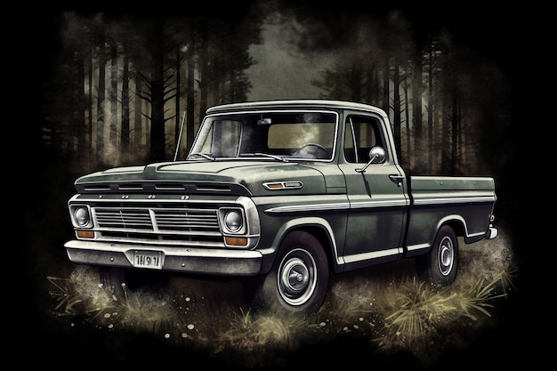 A vintage green ford truck is parked in a forest.