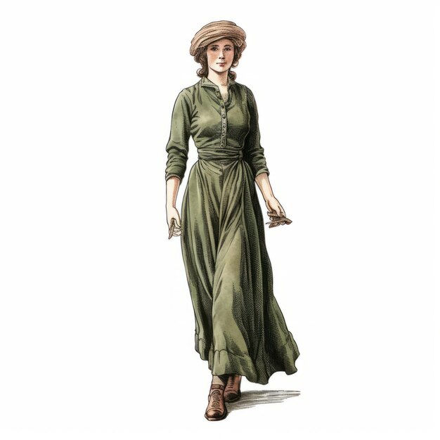 Vintage Green Woman In Gown And Hat Nostalgic Illustration