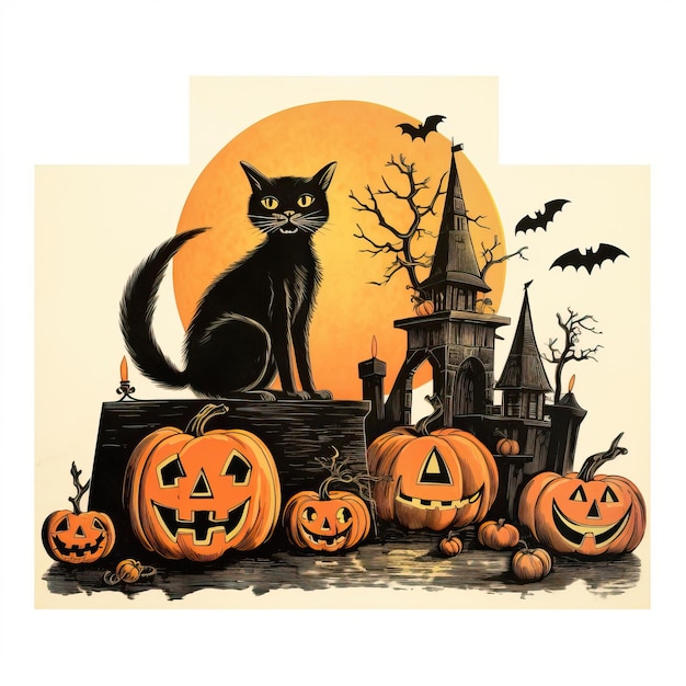 Vintage Halloween paper decoration black cat high quality ai generated image