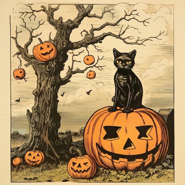 Vintage Halloween paper decoration black cat high quality ai generated image