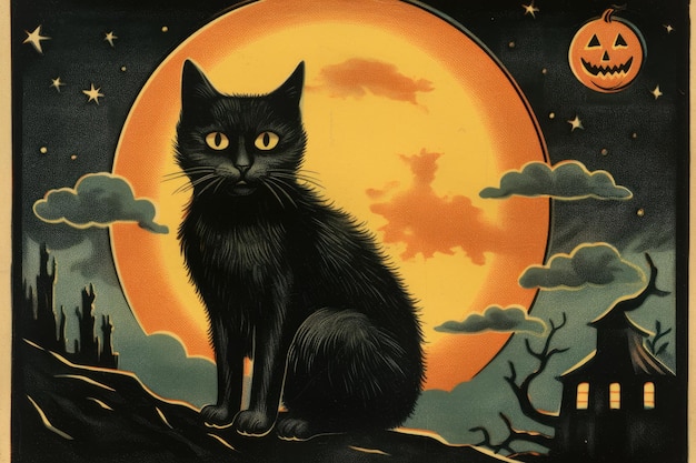 Photo vintage halloween postcard with a black cat and a full moon