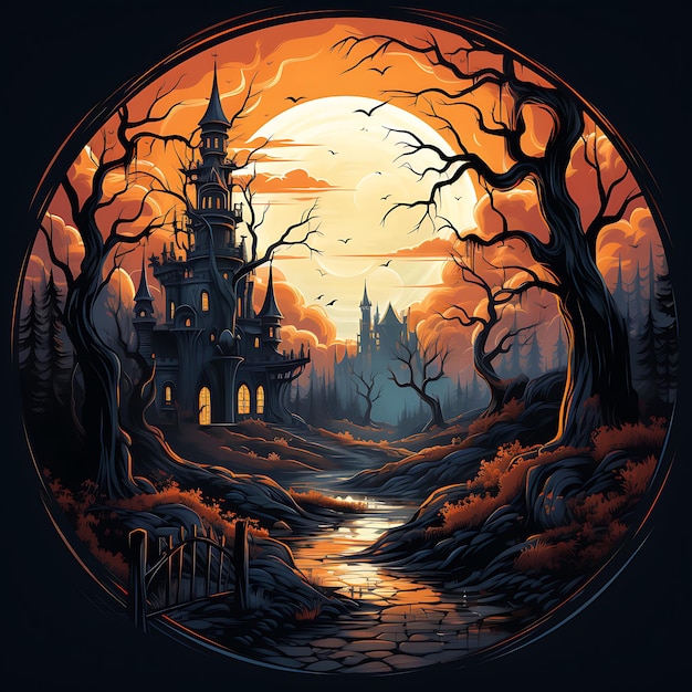 Vintage Halloween scene on a round background night scene