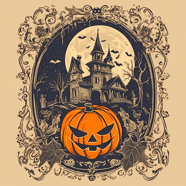 Foto t-shirt vintage di halloween con teschio e zucca