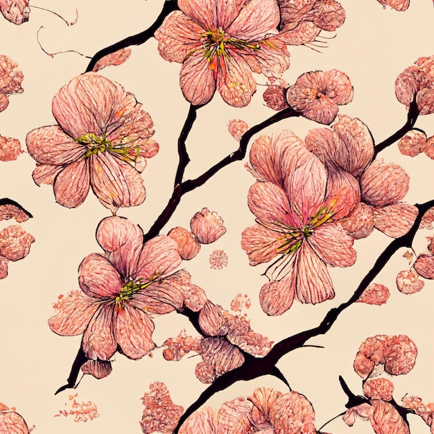 Vintage hand draw seamless sakura floral pattern