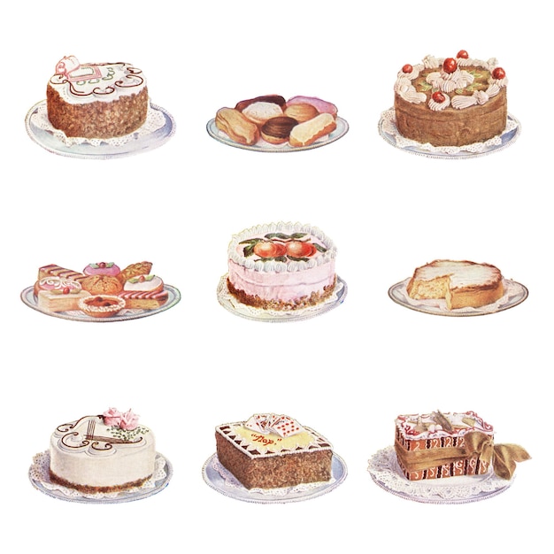 vintage hand drawn set of cakes design resources