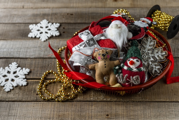 Vintage handmade Christmas toys on wood