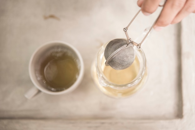 Vintage healthy green tea cup with tea leaves