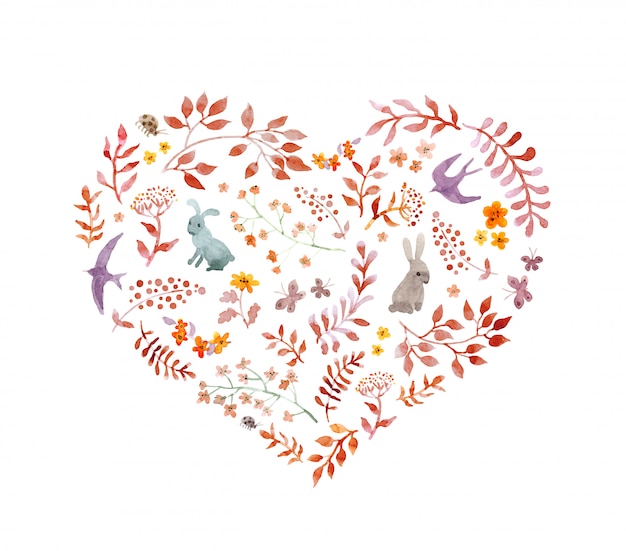 Vintage heart - autumn leaves, rabbits, birds. Watercolor