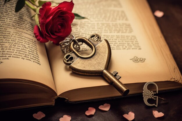 Vintage heartshaped lock and rose on old book