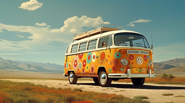 Photo vintage hippie camper van in the road road trip concept