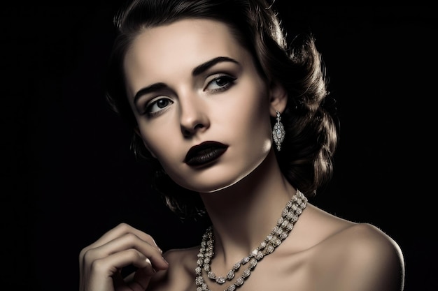 Vintage Hollywood Glamour Portrait of a Elegant Woman with Red Lipstick and Diamond Jewelry