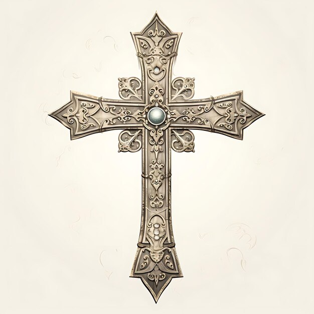 Photo vintage holy cross silver material with oxidized patina and happy palm sunday frame watercolor art