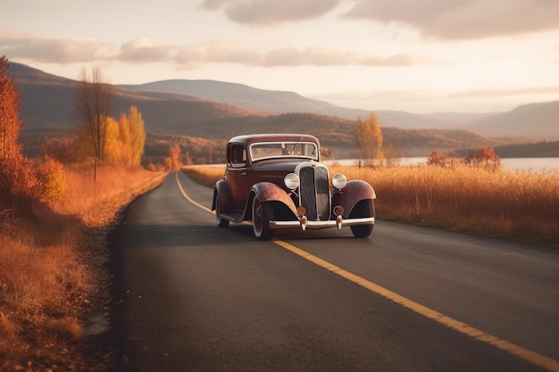 Foto hot rod vintage parcheggiata su un percorso panoramico creato con l'intelligenza artificiale generativa