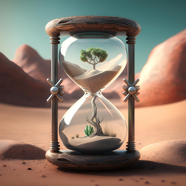 Vintage hourglass on the background of the desert sandstorms