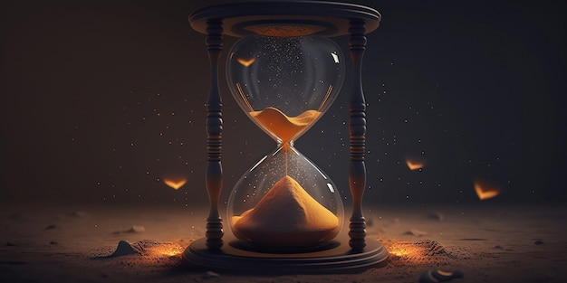 Vintage Hourglass with Glowing Sand insideBlack background Design element for banner background