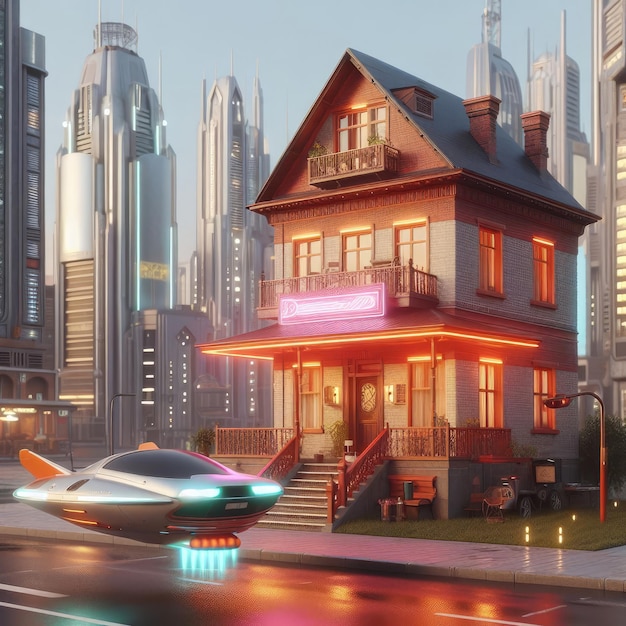 Photo a vintage house in the middle of a futuristic city with a retro style