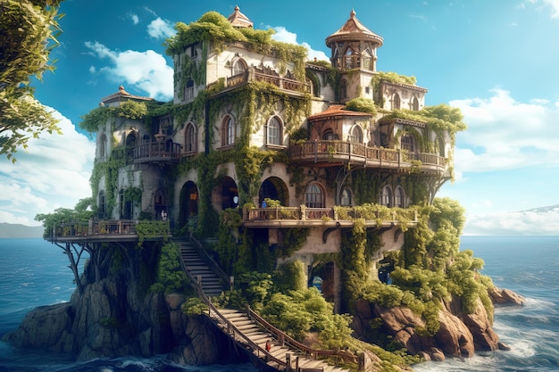 Vintage house over sea scenery of large home on island generative AI