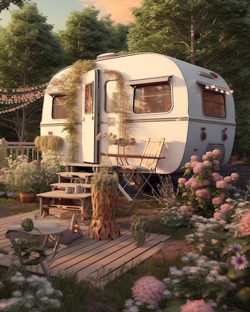 Vintage house trailer decorated with flowers Generative AI