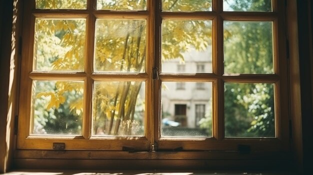 Vintage houten frame glazen raam zomer zonnige oude stad bekijken